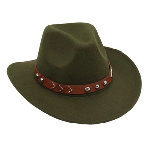 Detail of olive green fedora with brown leather band and silver metal rivet accents