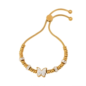 Gold-plated butterfly bracelet with zircon beads and adjustable sliding clasp