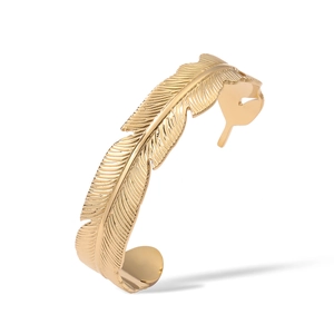 Fashionable 18K gold-plated stainless steel feather cuff bracelet with adjustable opening