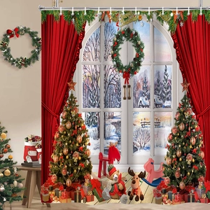 Close-up of festive Christmas shower curtain with holiday tree and gift box patterns