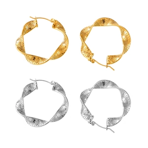 Twisted hollow hoop earrings in gold and silver finish, minimalist titanium steel jewelry