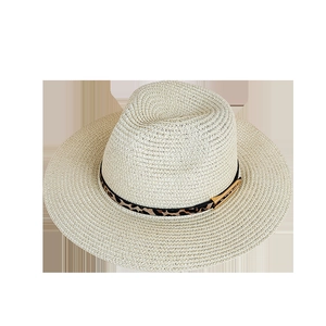 Beige straw jazz hat with leopard print belt and golden buckle for summer sun protection