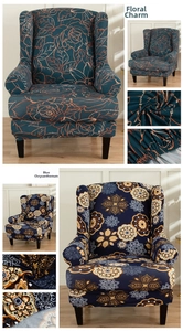 Close-up of elastic wingback chair covers in dark green rose and blue floral patterns