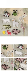 Detailed view of animal embroidery patches with fine stitching on denim and mesh fabric