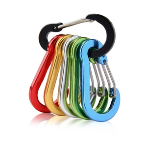 Five colorful aluminum carabiners hanging on a main black D-ring spring hook