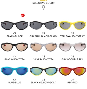 Detail showcase of nine color options for Y2K futuristic sporty cat-eye sunglasses