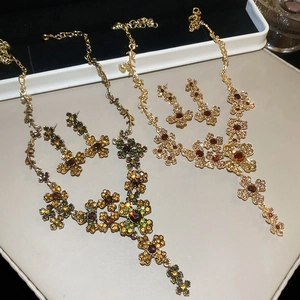 Vintage Floral Cross Necklace And Earrings Alloy Rhinestone With 925 Sterling Silver Earring Post Jewelry For Women
