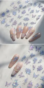 3D butterfly and flower nail stickers with aurora purple chrome effect on long nails