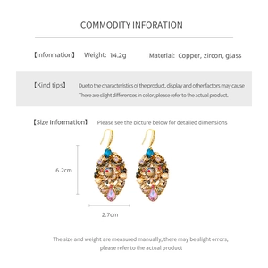 Detailed size and material specification sheet for vintage crystal teardrop earrings