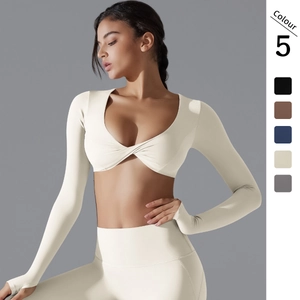Women's V-Neck Twist Front Long Sleeve Yoga Crop Top Slim Fit Breathable Thumbholes Activewear Athletic Gym Sport Shirt