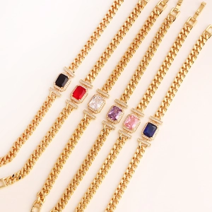 Golden Cuban link bracelets featuring vibrant square zircon stones in multiple colors