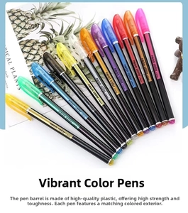 Detailed view of 12-piece colorful 1.0mm glitter gel pen set with color-coded caps
