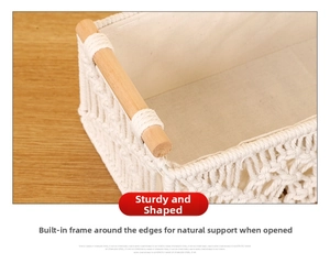 Detail of woven cotton rope storage basket with built-in frame and wooden handle