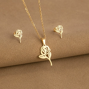 Detailed view of gold rose flower jewelry set including necklace and earrings