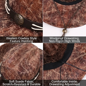 Brown faux suede western cowboy hat featuring contrast stitching and windproof drawstring