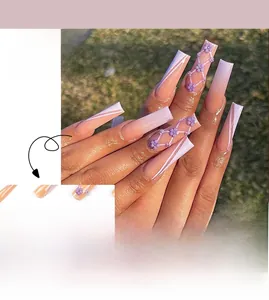 Detailed view of French ballet press-on nails with purple gradient and floral 3D art