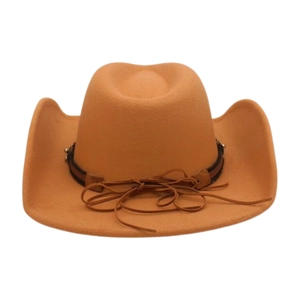 Detail of western cowboy hat with upturned brim, wool felt texture and leather knot band