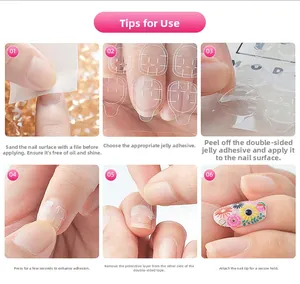 Six-step tutorial showing application process of ultra-strong nail jelly adhesive tabs
