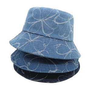 Vintage Denim Bucket Hat With Butterfly Flower Print Cotton Sun Protection Outdoor Casual Retro Style For Men Women