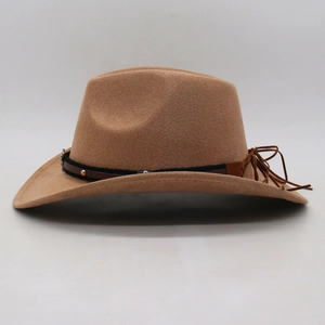 Detail view of camel western cowboy hat featuring studded bands and leather tassel charms