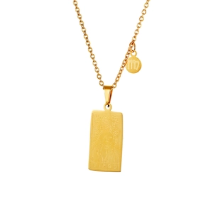Detail of Virgo tarot pendant with gold stainless steel rectangle plate and zodiac charm