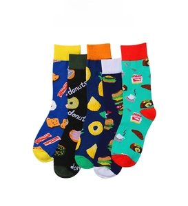 Detailed set of 5 cotton blend crew socks with creative food patterns like donuts and pineapple