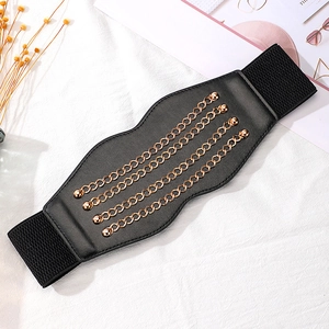 Detail view of black corset belt featuring four gold metal chains and rivets on elastic band