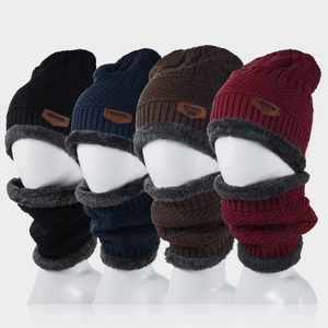 Winter Knitted Beanie Hat And Neck Warmer Acrylic Fleece Lined Warm Windproof Solid Color Unisex