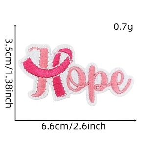 Detailed view of pink Hope breast cancer awareness ribbon embroidery patch with measurements