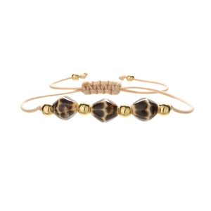 Handmade woven ceramic bead bracelet with adjustable beige cord and gold accents