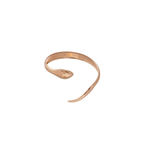 Polished rose gold snake-shaped open ring featuring a sleek minimalist design on white background