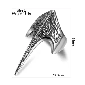 Detailed view of vintage stainless steel axe ring with relief patterns and size dimensions