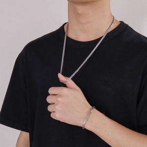 Silver Byzantine square link necklace and bracelet set in stainless steel for men and women
