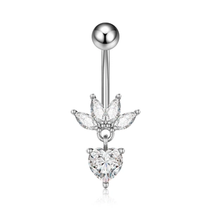 Detail of silver belly ring featuring heart-shaped zircon and petal-shaped stones