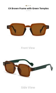 Detailed views of vintage square sunglasses in brown frame with green temples and metal studs