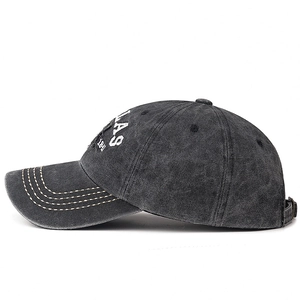 Vintage washed dark grey baseball cap with embroidery and contrast yellow stitching