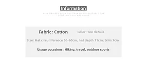 Size chart for cotton baseball cap showing 56-60cm circumference and 7cm brim length