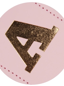 Pink PU leather luggage tag featuring a metallic gold letter A with stitched edges