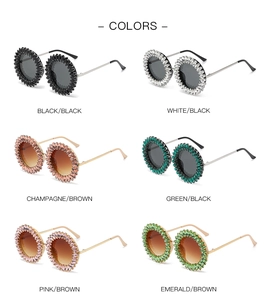 Detailed grid display showing six colorful oversized round rhinestone sunglasses variations