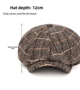 Detail view of herringbone baker boy hat with 12cm depth for a snug head fit