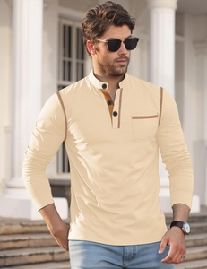 Detail of beige long sleeve Henley shirt with contrast stitching and chest pocket