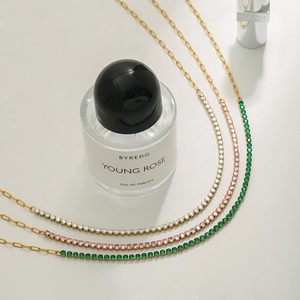 18k gold plated stainless steel tennis necklaces with white, pink and green crystals