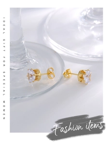 Vue macro de boucles d'oreilles couronne dorées 18K avec oxyde de zirconium brillant