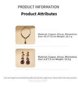 Detail view of red water drop zircon earrings and necklace set with dimensions