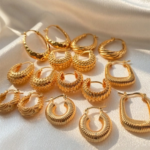 Vintage 18K Gold Plated Copper Textured Hoop Earrings For Women Ribbed Hammered Geometric Chunky High End Retro Jewelry