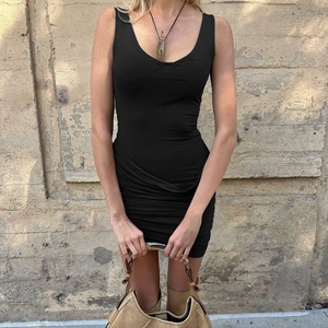 Elegant slim-fit black sleeveless mini dress with ruched details for 2025 spring style