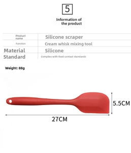 Detail view of large red silicone spatula with size dimensions and food grade material info