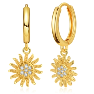 Detail of 18K gold plated sunflower hoop earrings with sparkling cubic zirconia center