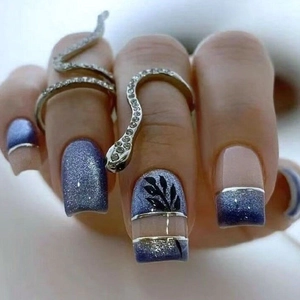 Press On Nails Blue French Tip Leaf Design Glitter Artificial False Finger Nails ABS Material For Women