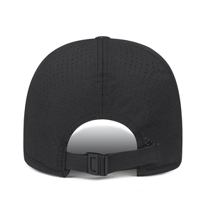 Lightweight breathable black quick-dry baseball cap with adjustable strap and mesh fabric
